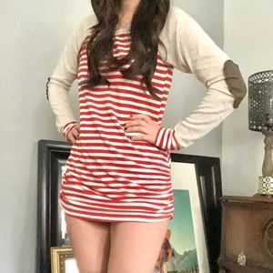 TWENTY SECOND Cream & Red Striped Long Sleeve Baseball Tee Shirt Elbow Patches
